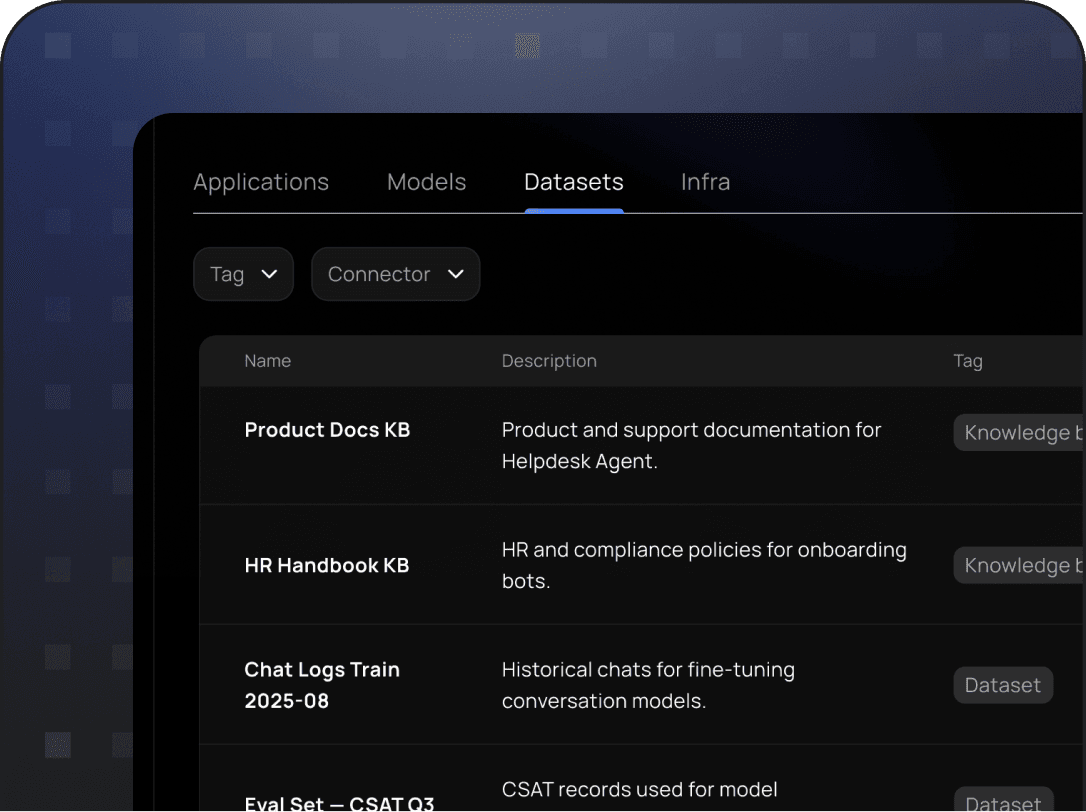AI dataset inventory screen tracking knowledge bases and training data sources like product docs and HR handbooks.