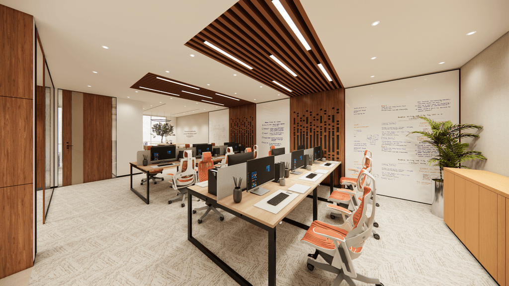Executive private office in serviced offices in Dubai with floor-to-ceiling windows, wood wall panels, and modern furniture.