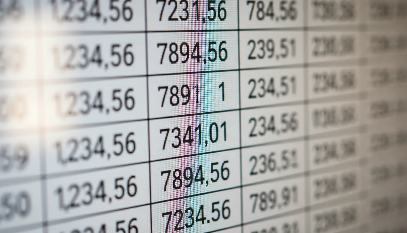 Macro DSLR photography of a computer screen displaying rows of black, comma-separated numerical data in a spreadsheet, shot at a slight angle with a very shallow depth of field, natural daylight. The central row of numbers is in sharp, crisp focus, revealing the individual pixel grid of the LCD screen, while the data in the rows above and below recedes into a soft bokeh blur.