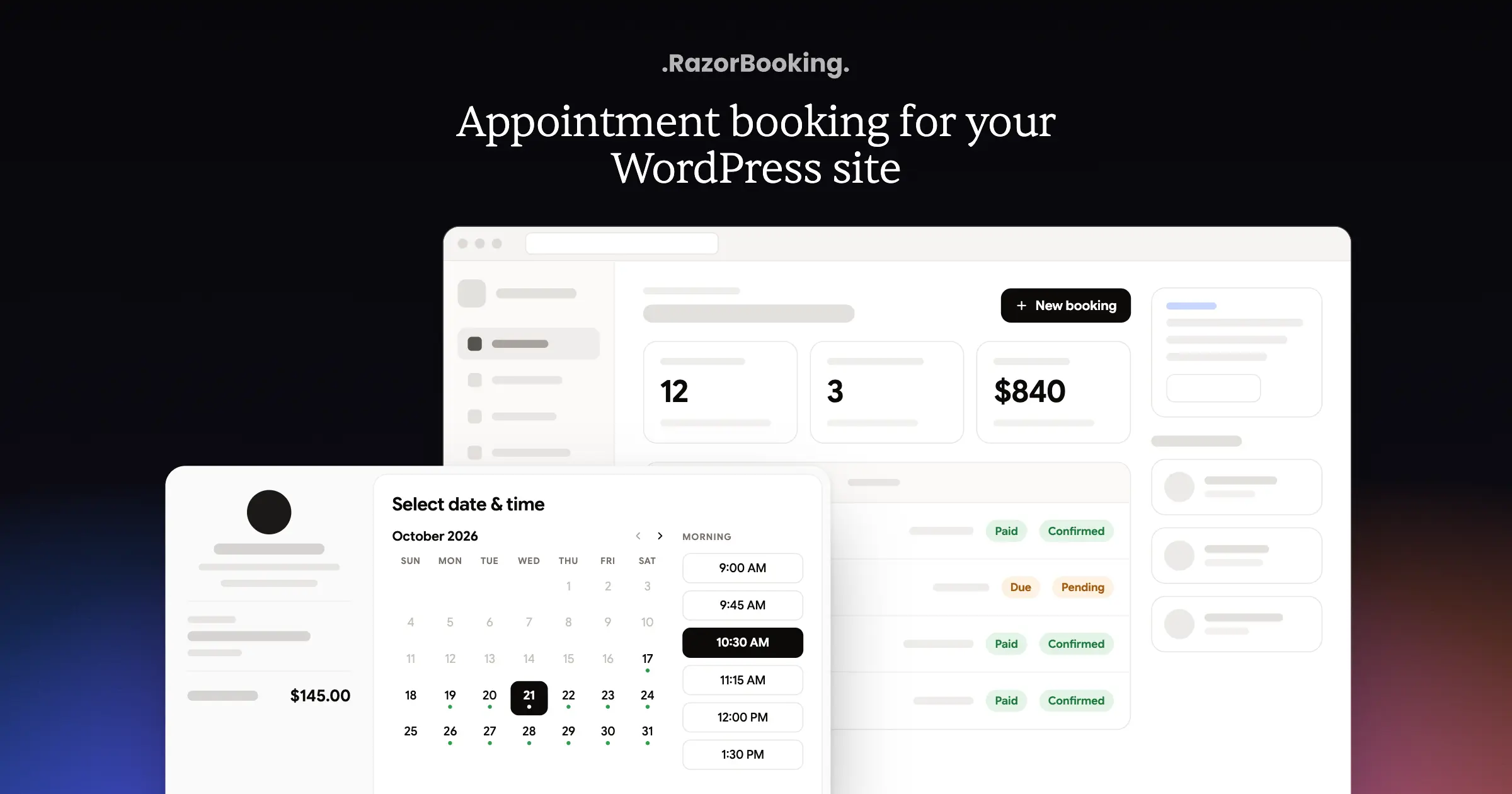 RazorBooking booking form with a date and time picker on a WordPress site, next to the bookings dashboard