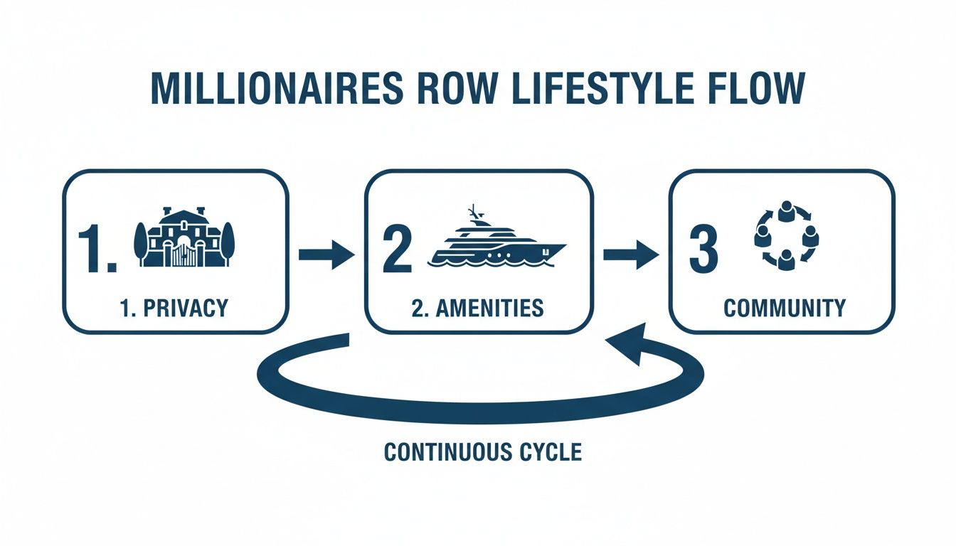 Diagram showing Millionaires Row lifestyle flow: Privacy, Amenities, Community, forming a continuous cycle.