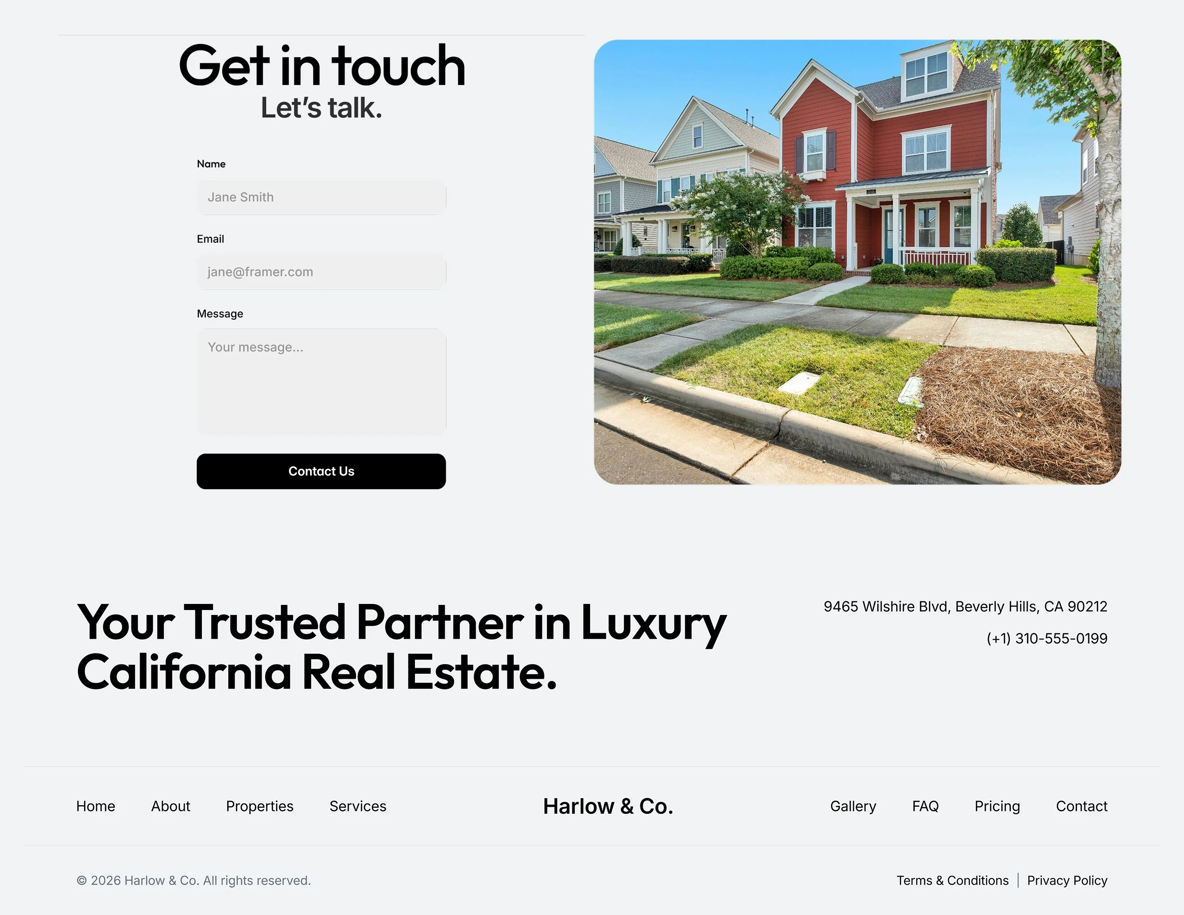 Minimalist real estate website contact form interface paired with a high-end red luxury residential home listing photograph.