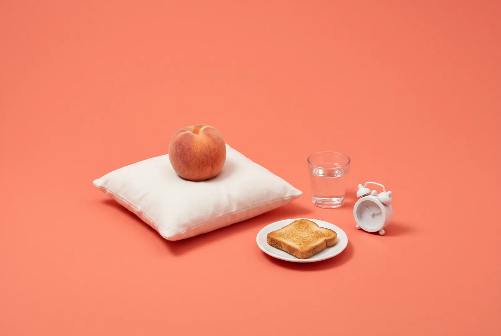 A peach on a pillow beside water, toast and an alarm clock, caring for your body in the first week for wives of porn addicts
