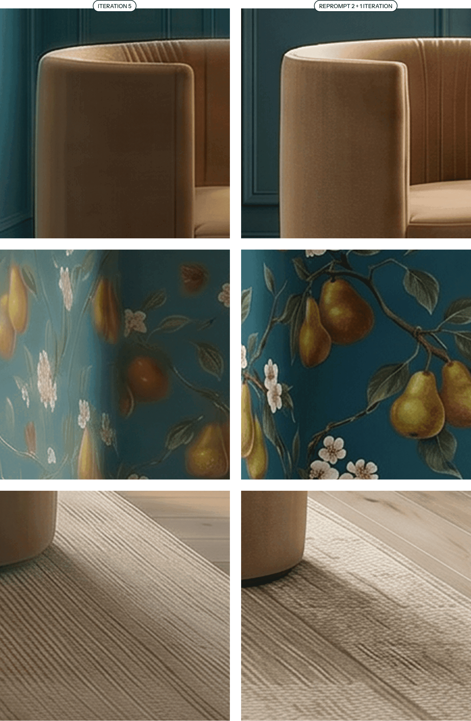 Side-by-side of the degraded five-edit render versus the reprompted render, with far sharper detail on the right