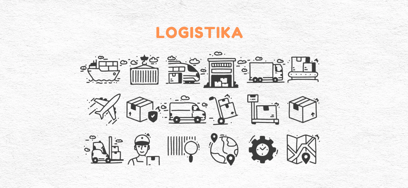 Logistika ikoonid: laevad, veokid, lennukid, laod ja pakid