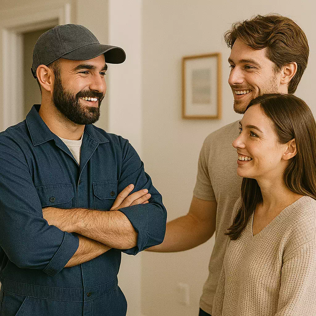 Smiling plumber talking with a happy couple inside their home.