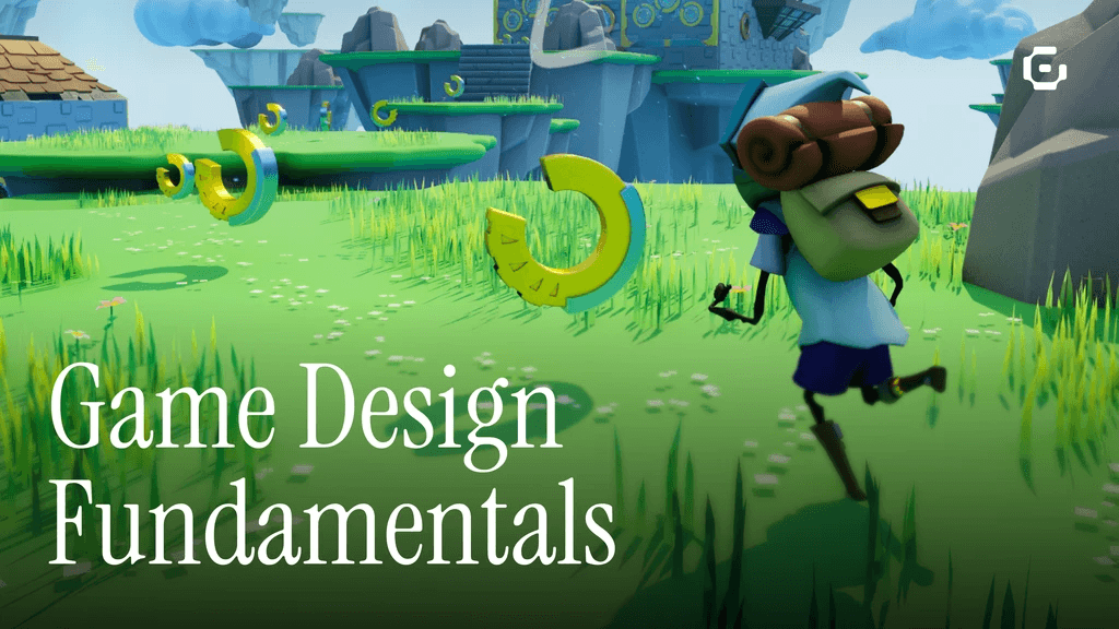 A colorful, stylized 3D game scene showing a cartoon-like character running through a bright grassy landscape. The character carries a large backpack and moves toward floating ring-shaped objects. In the background are layered platforms, stone structures, and soft, rounded clouds, creating a whimsical platformer-style game environment.
