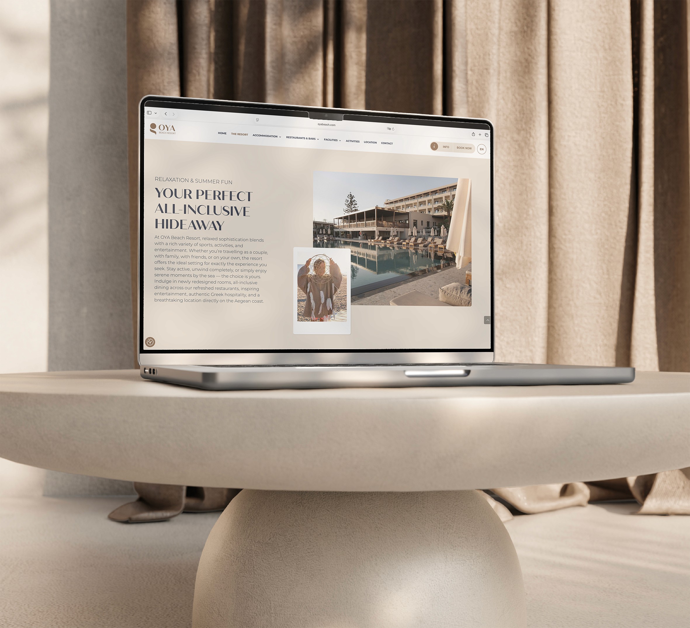 Website des Oya Beach Resort auf einem Laptop: Startseite mit der Headline „Your perfect all-inclusive hideaway“, Einleitungstext und Bildern vom Poolbereich am Hotel