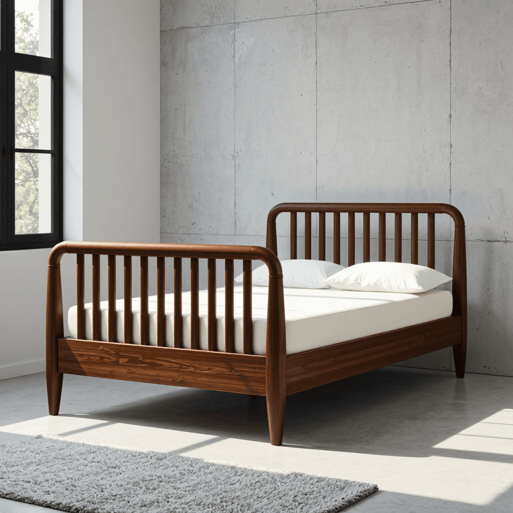 product photography of a wooden bed frame with a slatted design and a mattress