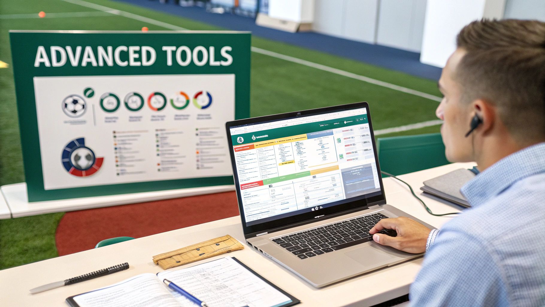 Man uses a laptop to analyze data, with an 