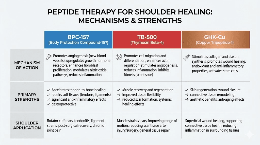Peptide comparison chart for shoulder pain showing BPC-157 TB-500 and GHK-Cu benefits