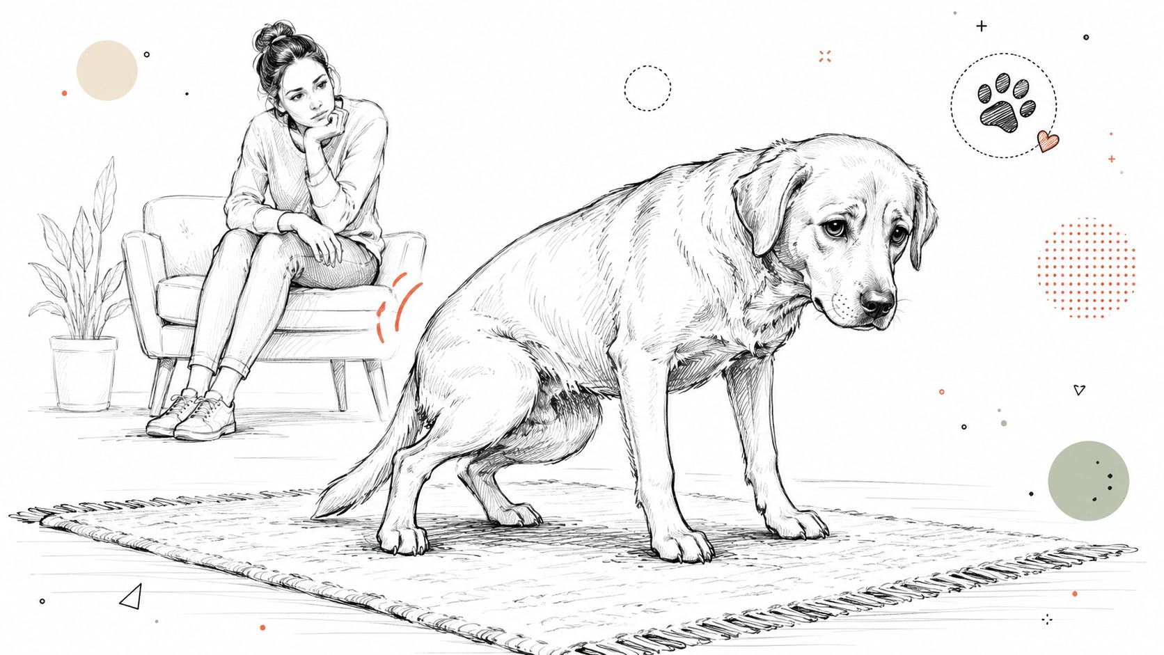 A line art illustration of a concerned woman watching her dog standing in discomfort on a rug.