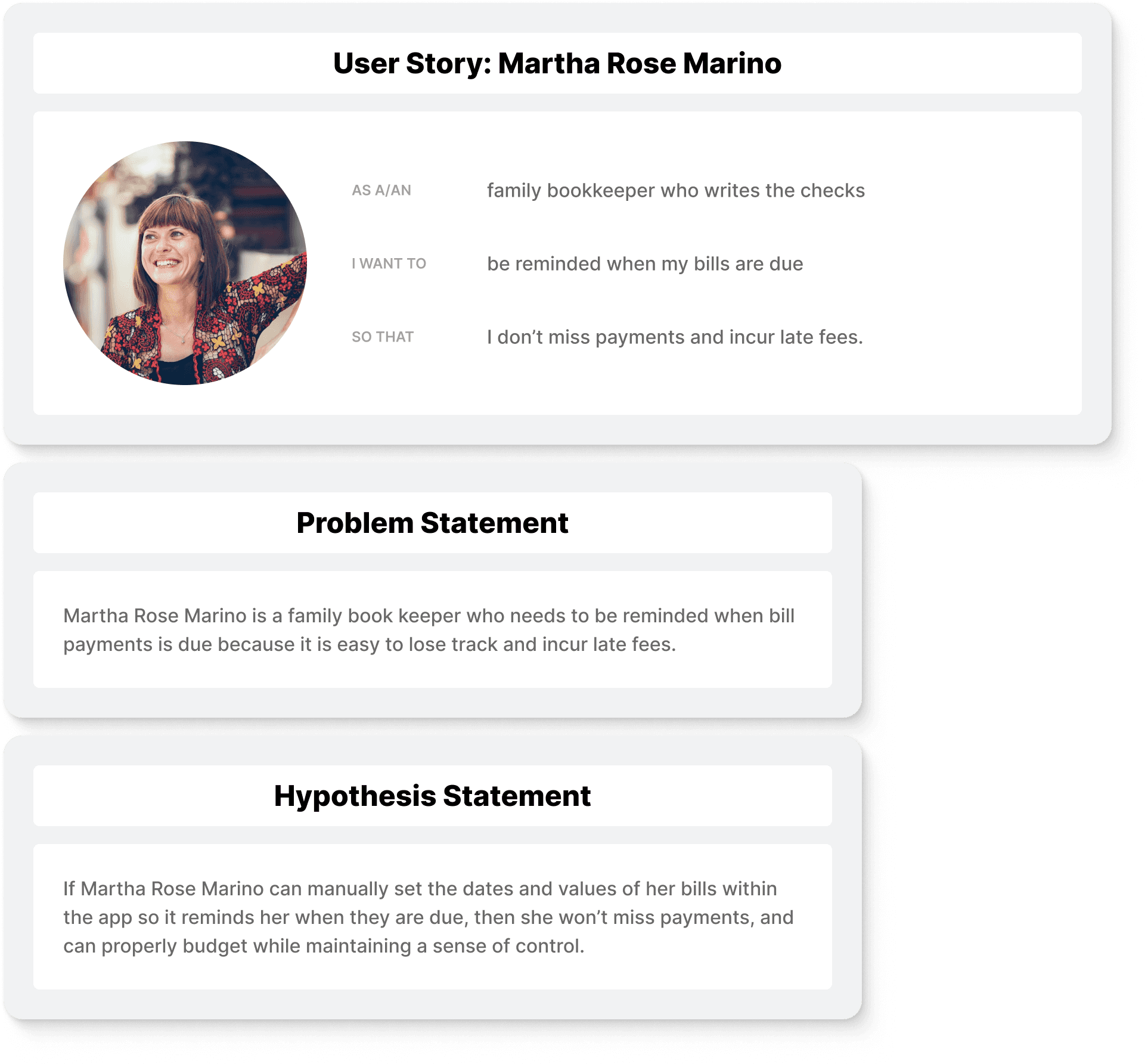 Martha Rose Marino's user story, problem and hypothesis statement.