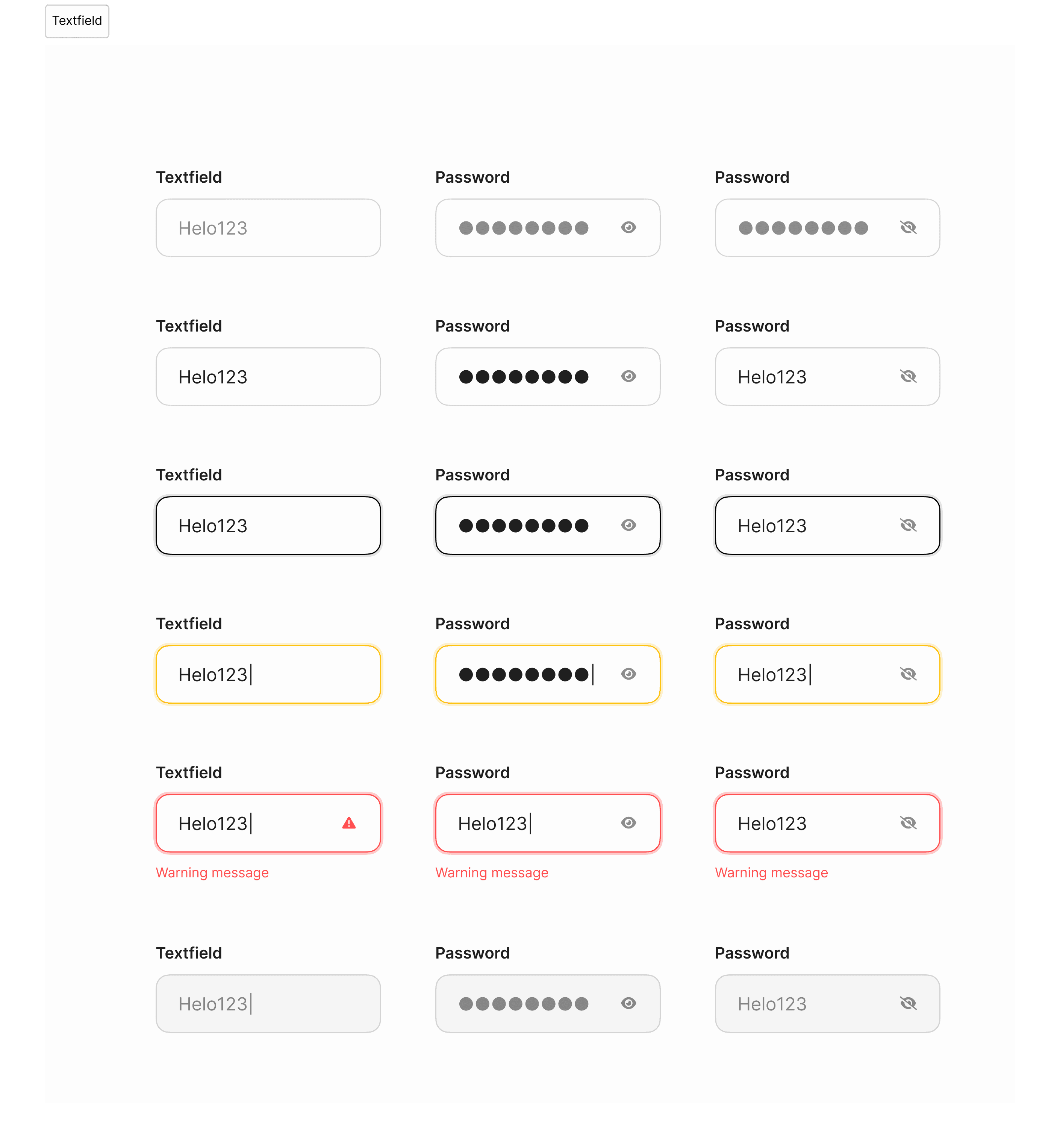 UI library of text and password input fields for Murator, showing interactive states like default, focused, error with warning messages, and disabled.