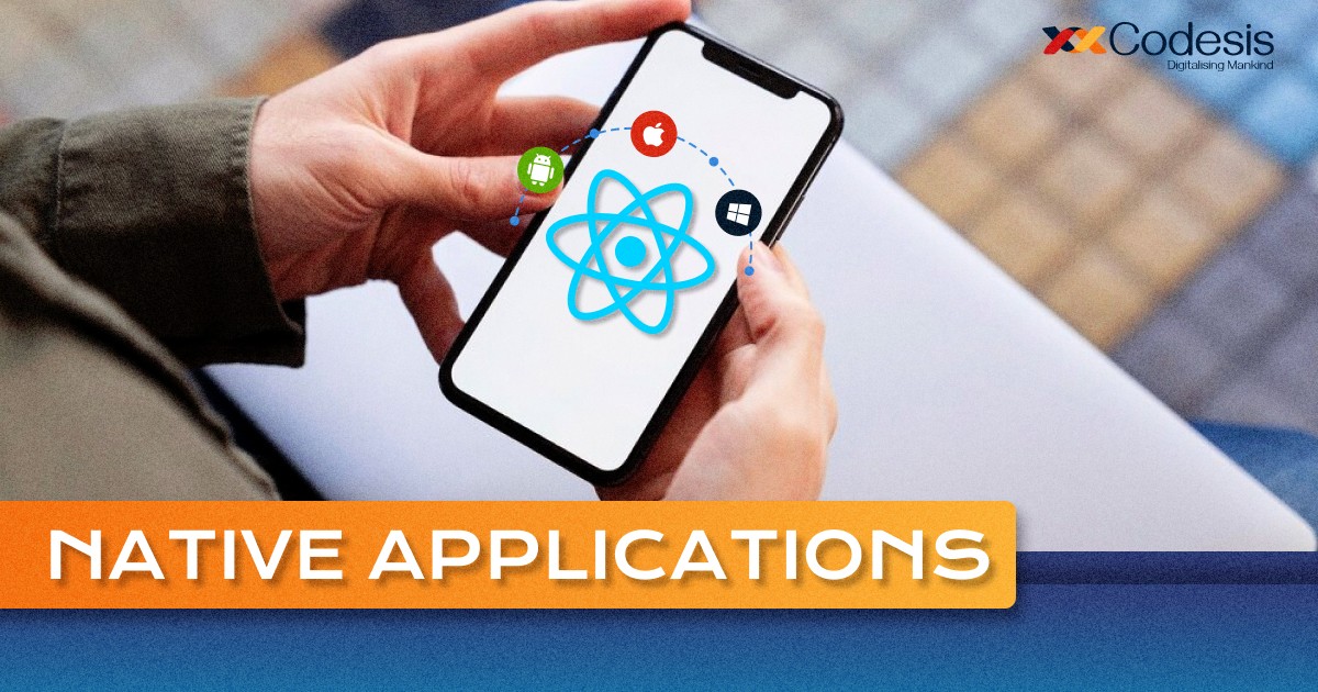 image of a person holding mobile phone which shows native applications on it with the react logo, Android logo, apple logo, windows logo