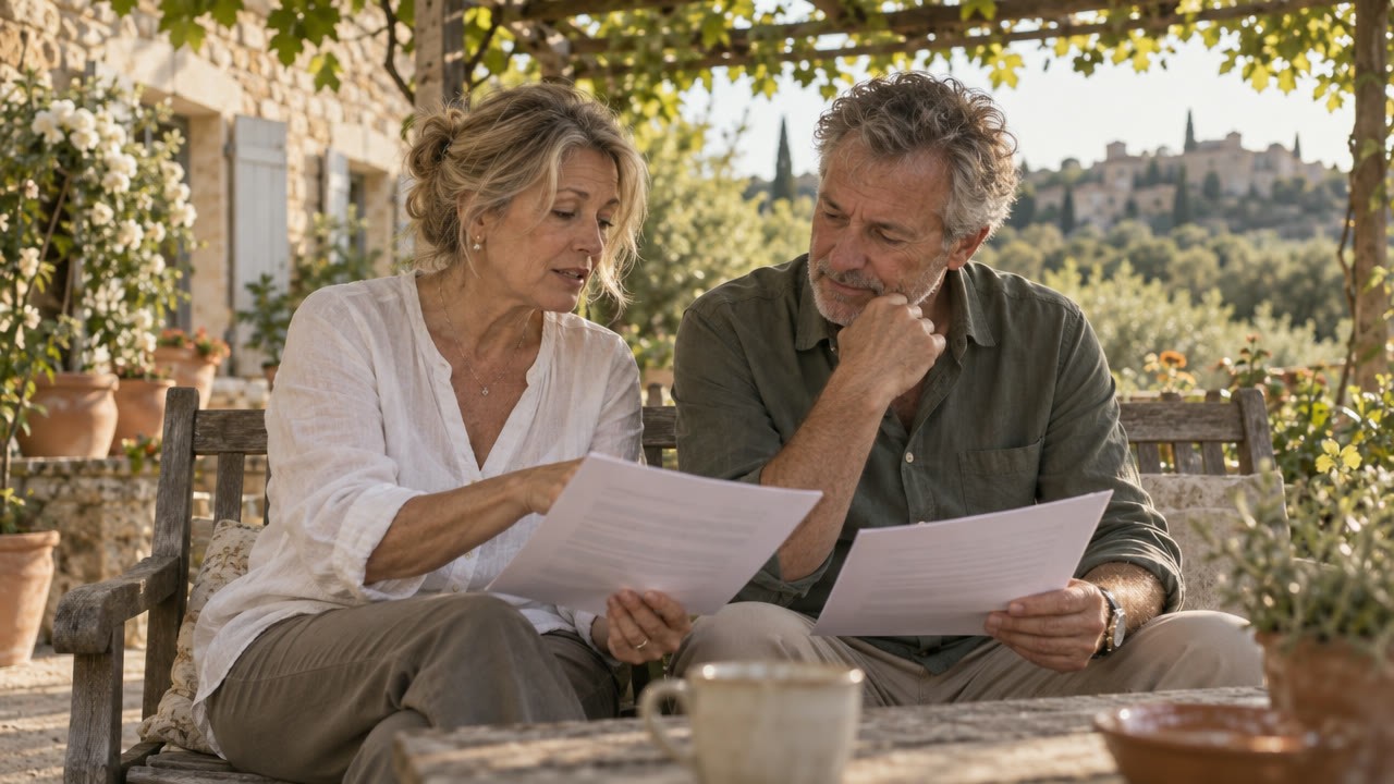 Couple comparant deux documents sous une treille