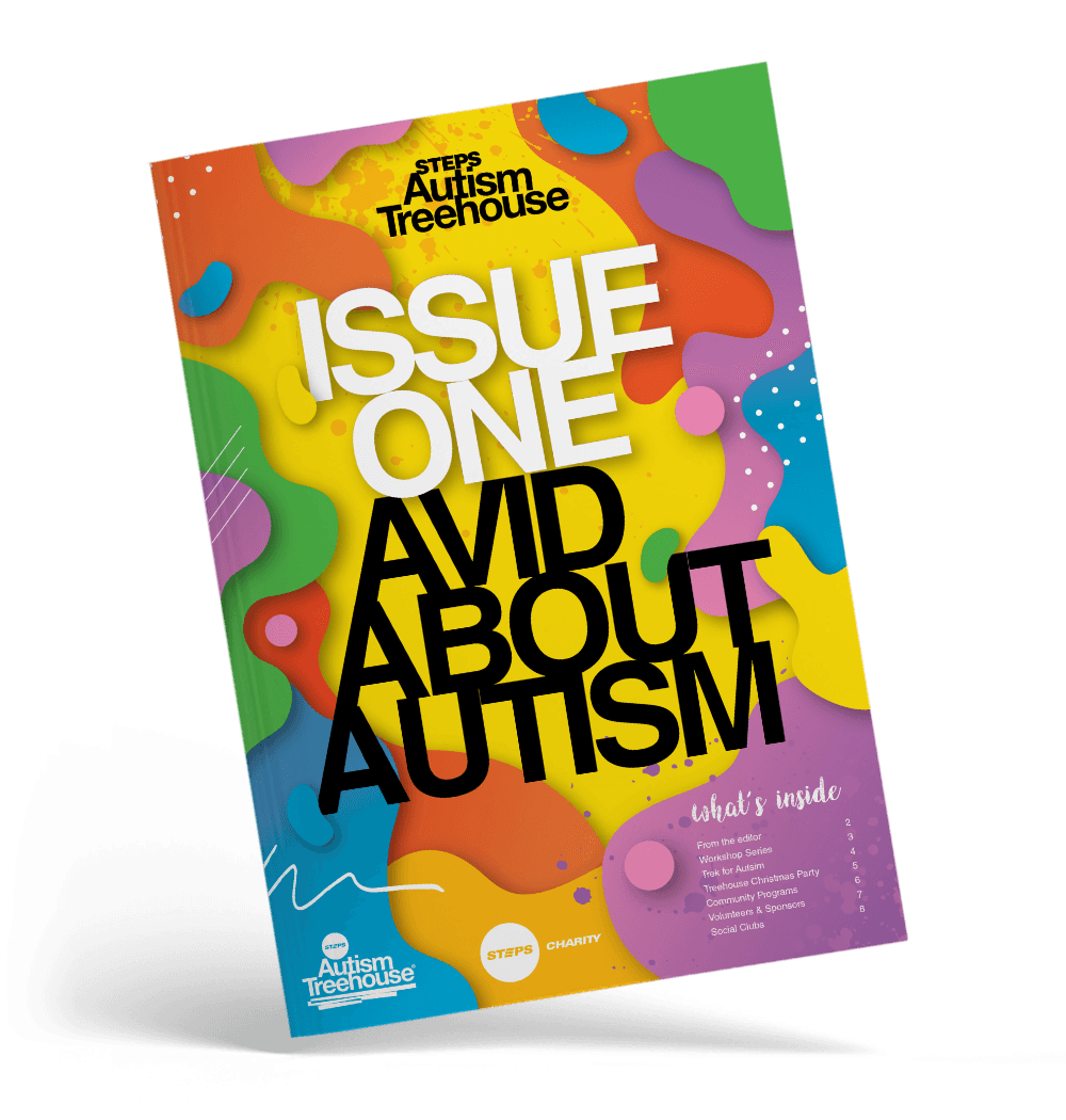 An 8-page 'Avid About Autism' newsletter from STEPS Autism Treehouse, featuring a 2018 year-in-review, details on community workshops with Professor Tony Attwood, and a recap of the inaugural Trek for Autism fundraising event.