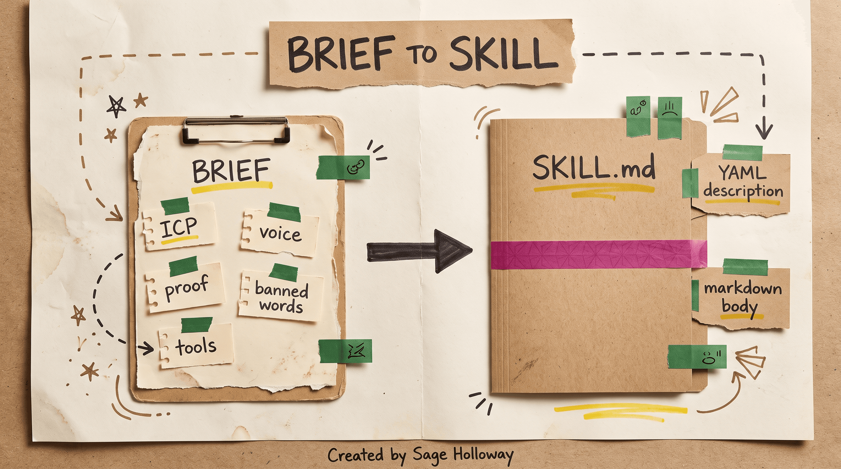 Diagram mapping a marketing brief into SKILL.md YAML description and markdown body sections