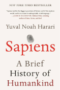 Book cover with the title "Sapiens: A Brief History of Humankind" by Yuval Noah Harari. The cover is white with a fingerprint design and the author's name above the title.