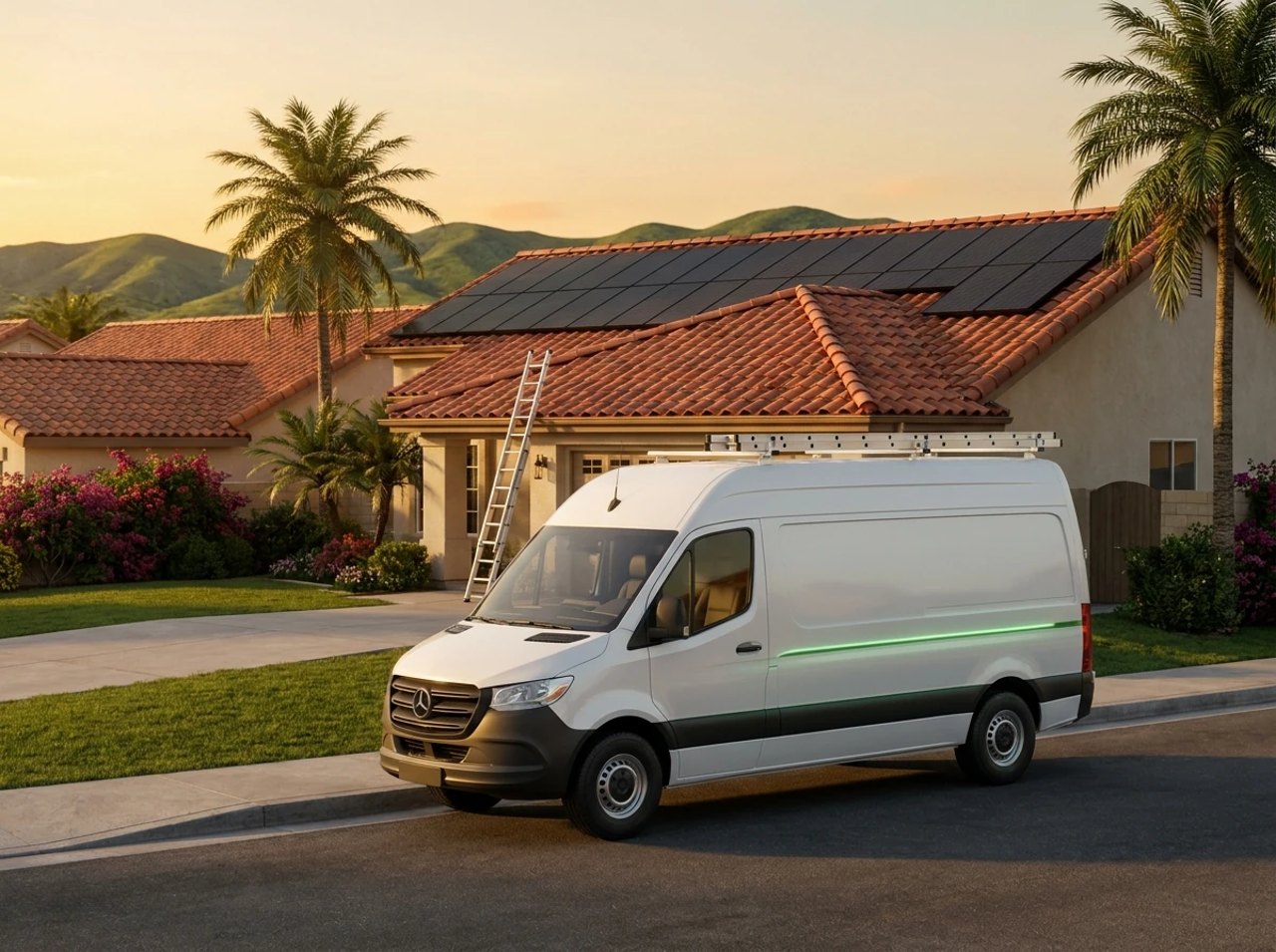 An Option One Solar service van parked at a home with rooftop solar