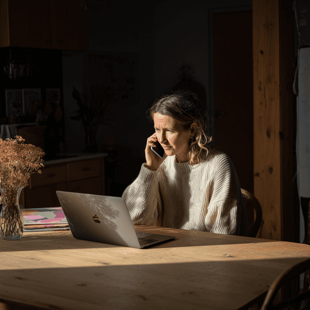 Femme contactant par téléphone Bugsbuster92, expert en dératisation et désinsectisation, assise à son bureau avec son ordinateur portable