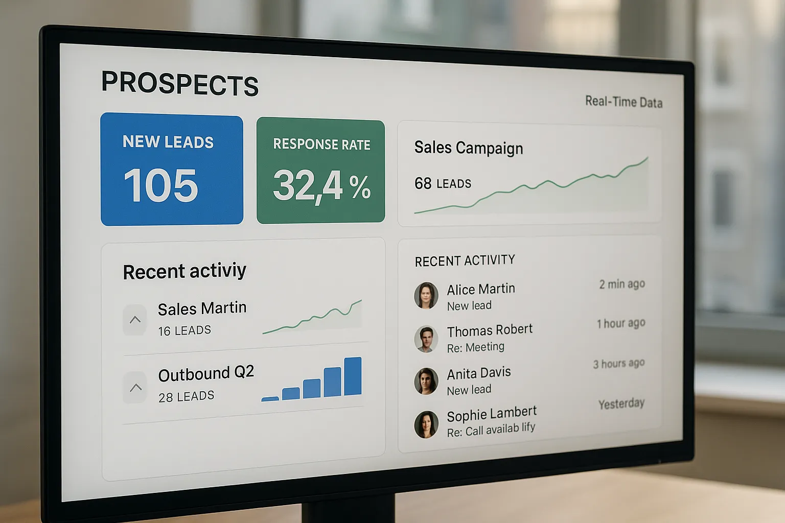 Un tableau de bord de prospection en temps réel affichant le nombre de leads nouveaux, le taux de réponse, les rendez-vous réservés et une liste d’échanges récents, avec des cartes de campagnes en cours et des métriques qui se mettent à jour en direct.
