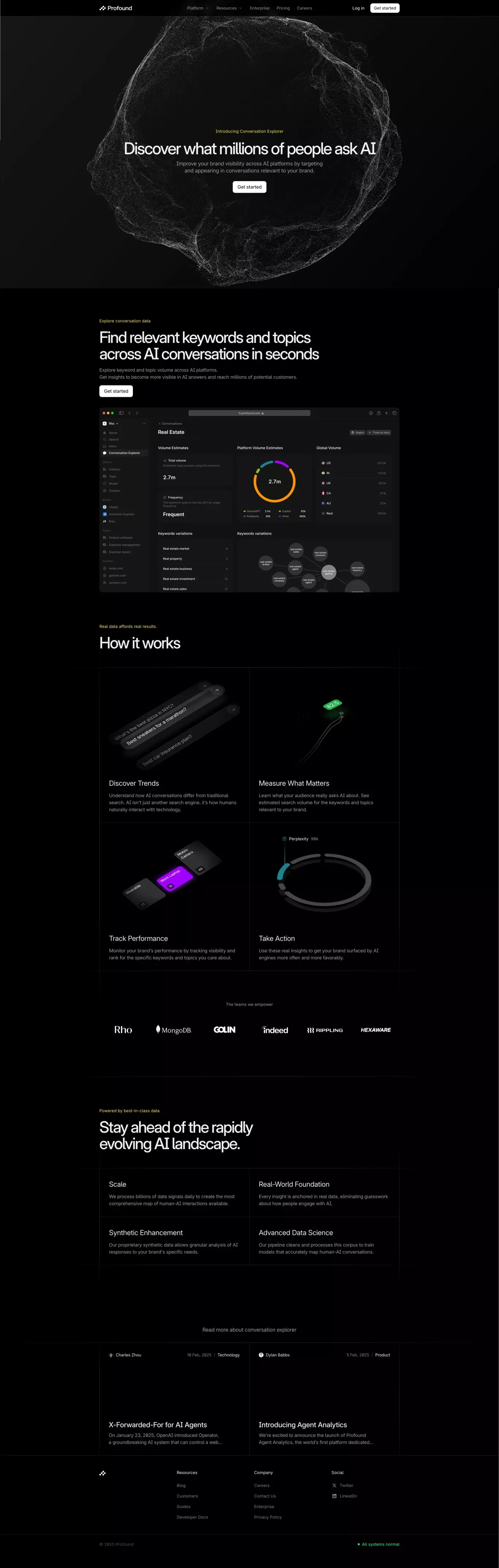 Conversation Explorer - Profound landing page screenshot showcasing AI and Tech design