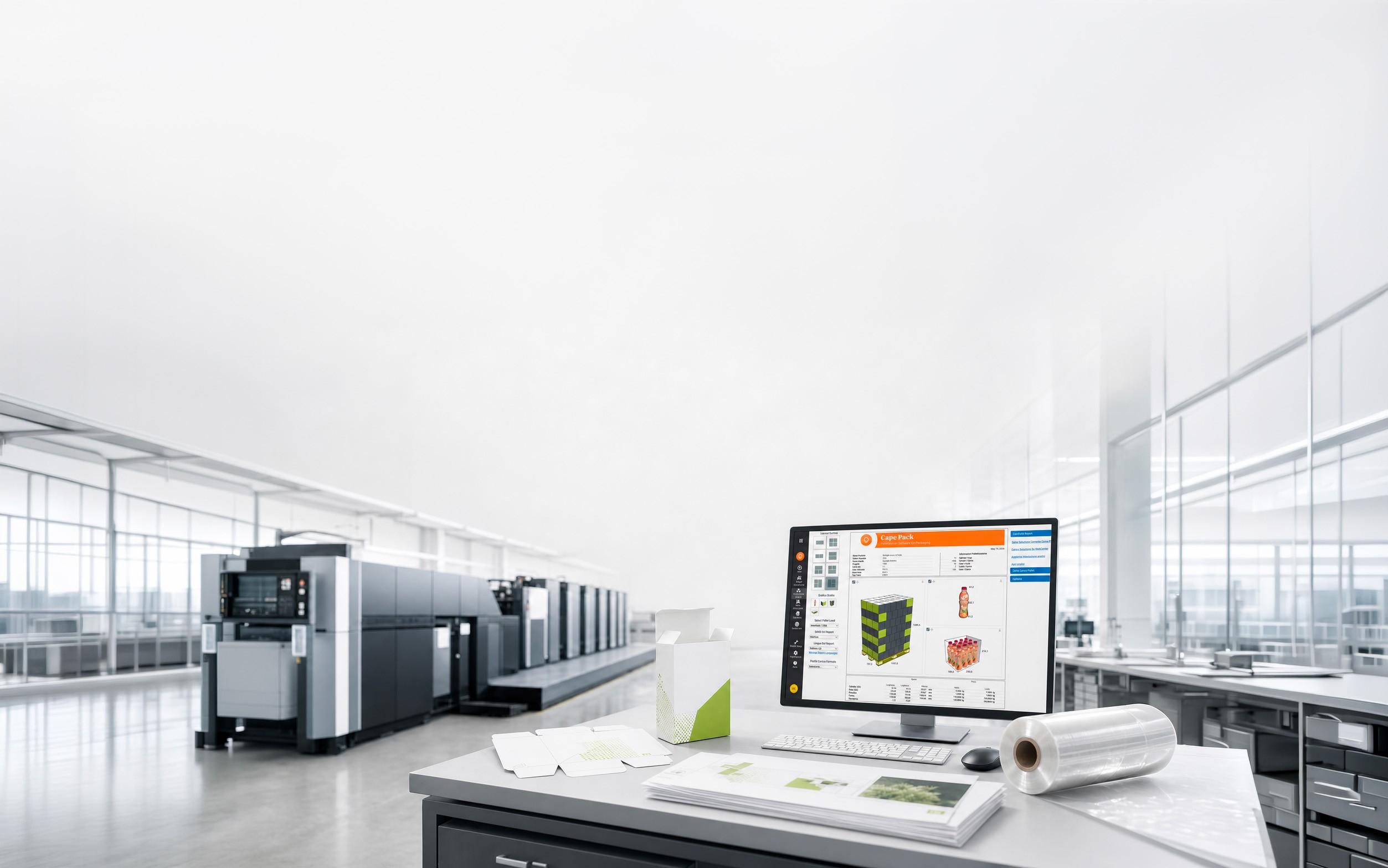 Software per il packaging in reparto stampa: il disegno strutturale di un astuccio sul monitor, la scatola montata e i fogli stampati davanti a una macchina offset.