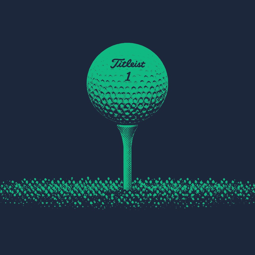 A stylized, minimalist illustration of a teal golf ball resting on a tee, set against a dark navy background. The image is composed entirely of varying sizes of teal dots, creating a digital halftone or "pop art" effect. The number "1" is printed in dark navy at the top of the golf ball.