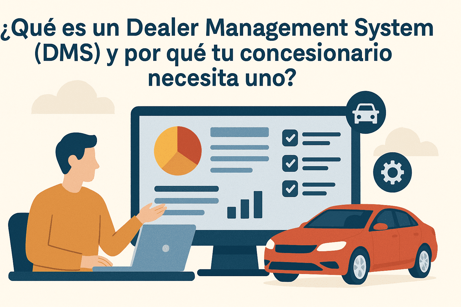 Dealer Management System (DMS) infographic showing data analytics, car & man working on laptop. Need for a dealership.
