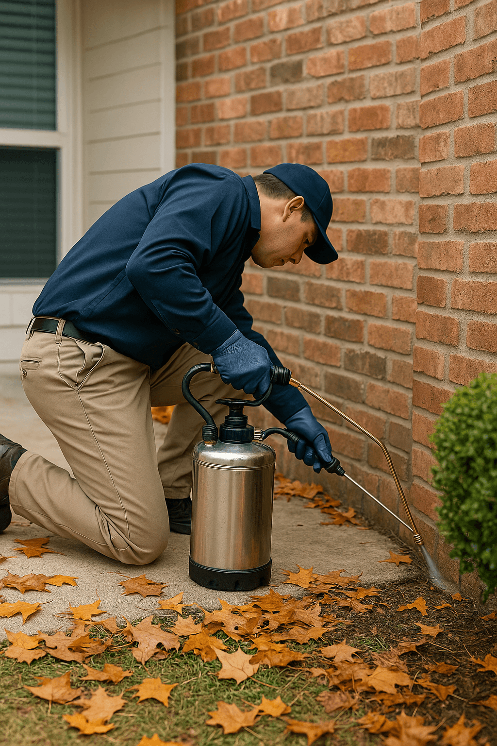 Professional pest control service spraying the exterior of a brick house in Aliso Viejo