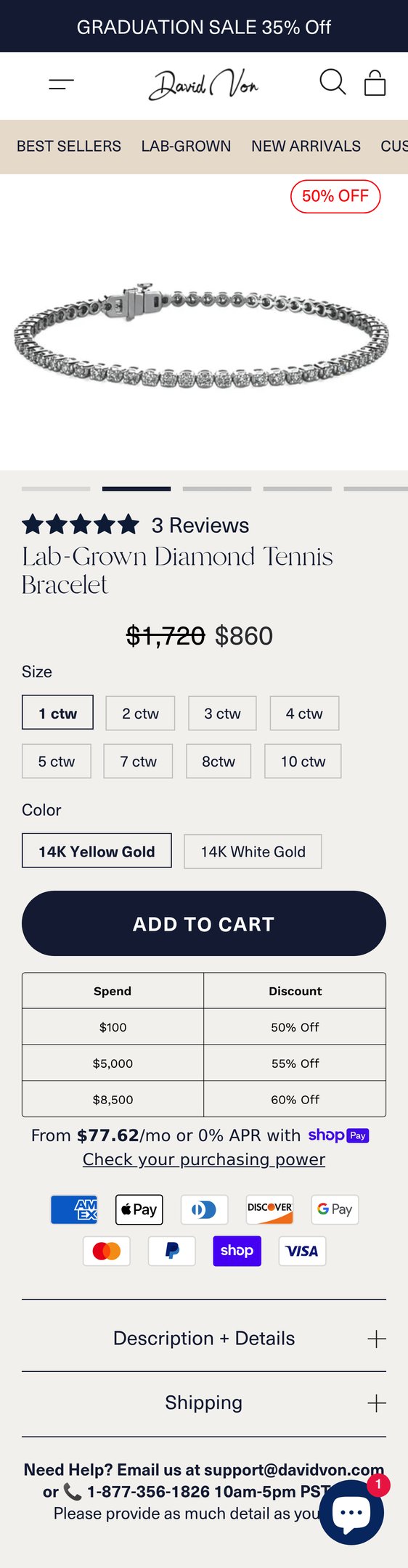 Jewelry product options include: bracelet for Lab-Grown Diamond Tennis Bracelet from David Von.