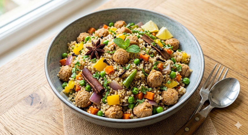 A close-up photograph of a modern grey bowl filled with a healthy quinoa and soy chunk pulao, mixed with green peas, bell peppers, carrots, and onions, garnished with fresh mint, lemon wedges, star anise, and cinnamon sticks, served on a wooden table with cutlery.