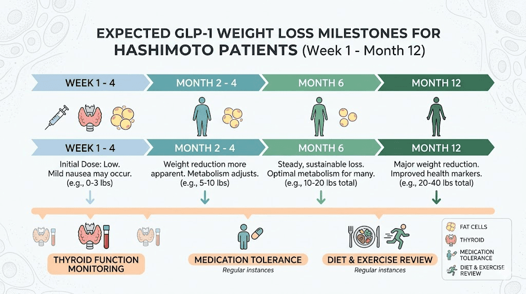 GLP-1 weight loss timeline for Hashimoto thyroiditis patients with monitoring checkpoints