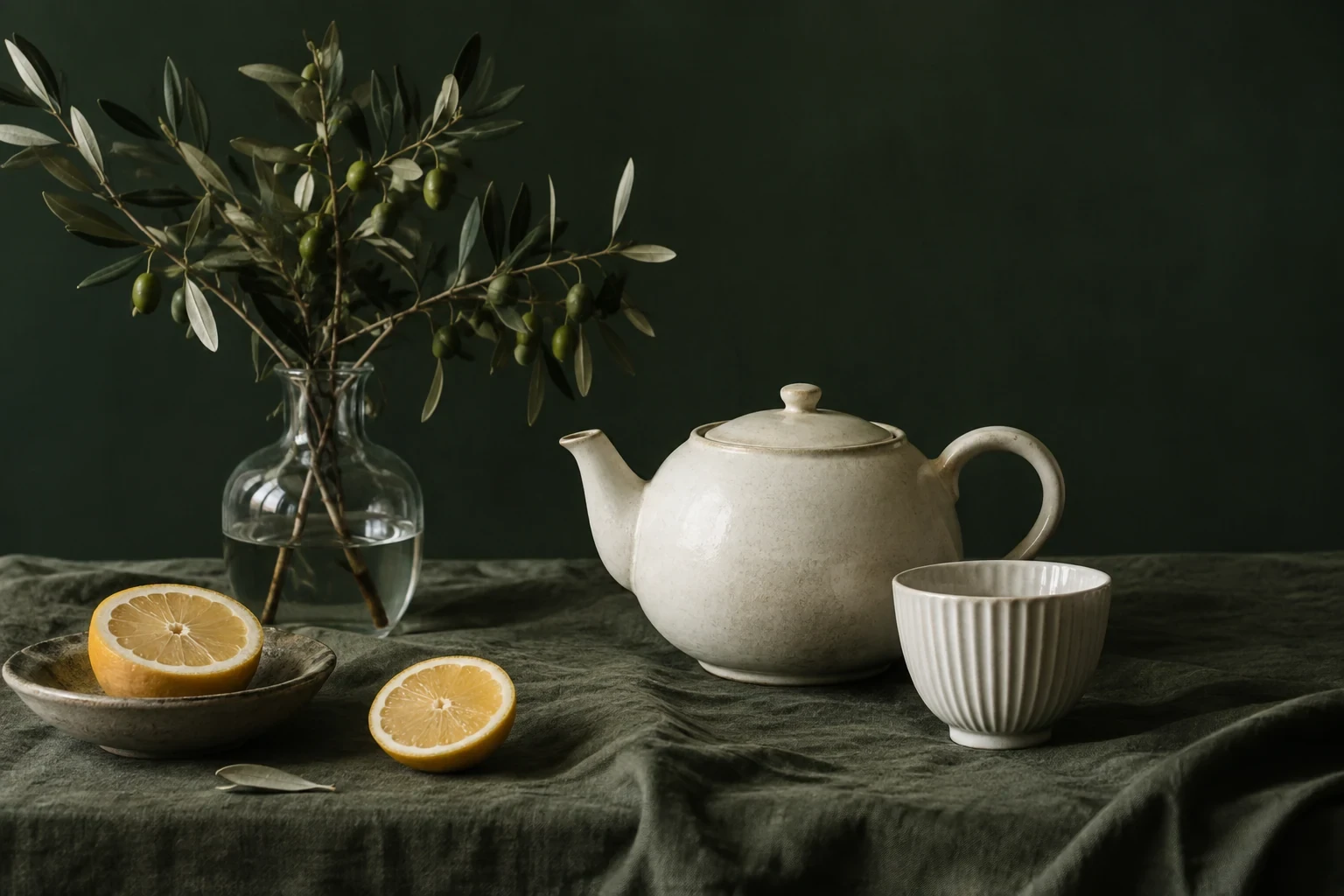 Cream teapot and fluted porcelain cup with a clear vase of olive branches and two citrus halves on dark green linen, forest green backdrop