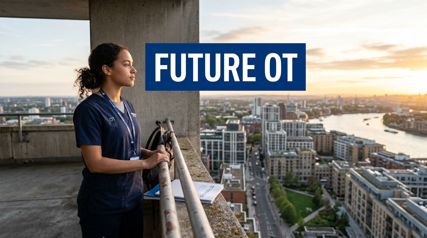 A student in blue scrubs looking out over a city skyline, representing a future career in occupational therapy.