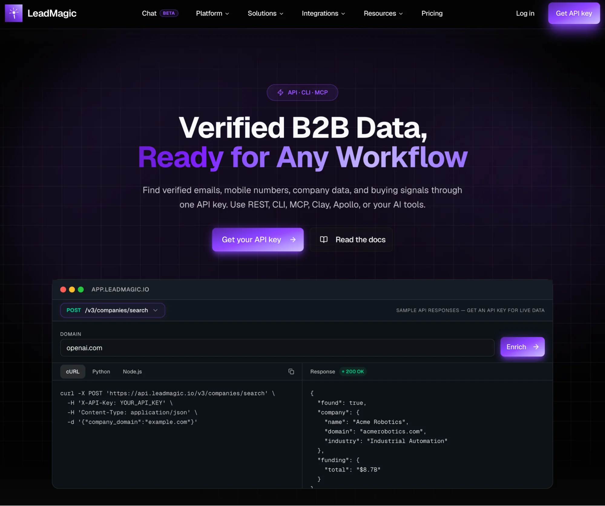 LeadMagic homepage: B2B data enrichment and email finding API