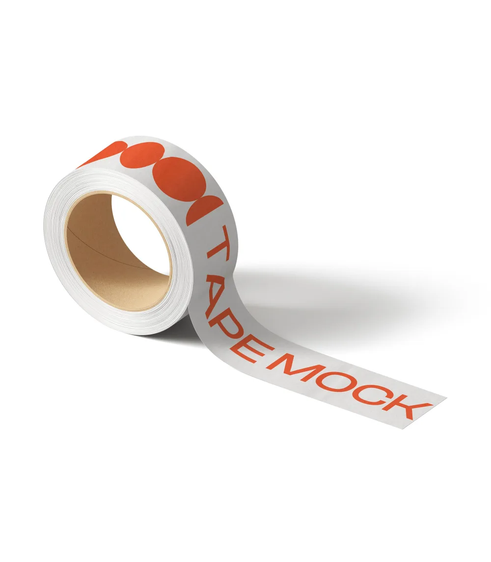 Roll of adhesive tape mockup featuring a white background with bold orange text and geometric patterns. The tape unrolls slightly, showcasing its design, perfect for branding presentations.