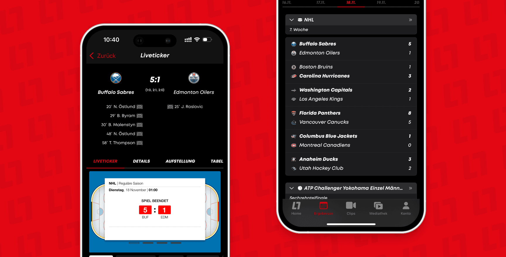 Zwei Smartphones mit der LAOLA1-App vor rotem Hintergrund. Links der Liveticker eines NHL-Spiels zwischen den Buffalo Sabres und den Edmonton Oilers mit Spielverlauf und Ergebnis 5:1. Rechts eine Liste weiterer NHL-Spiele mit Ergebnissen der aktuellen Woche.
