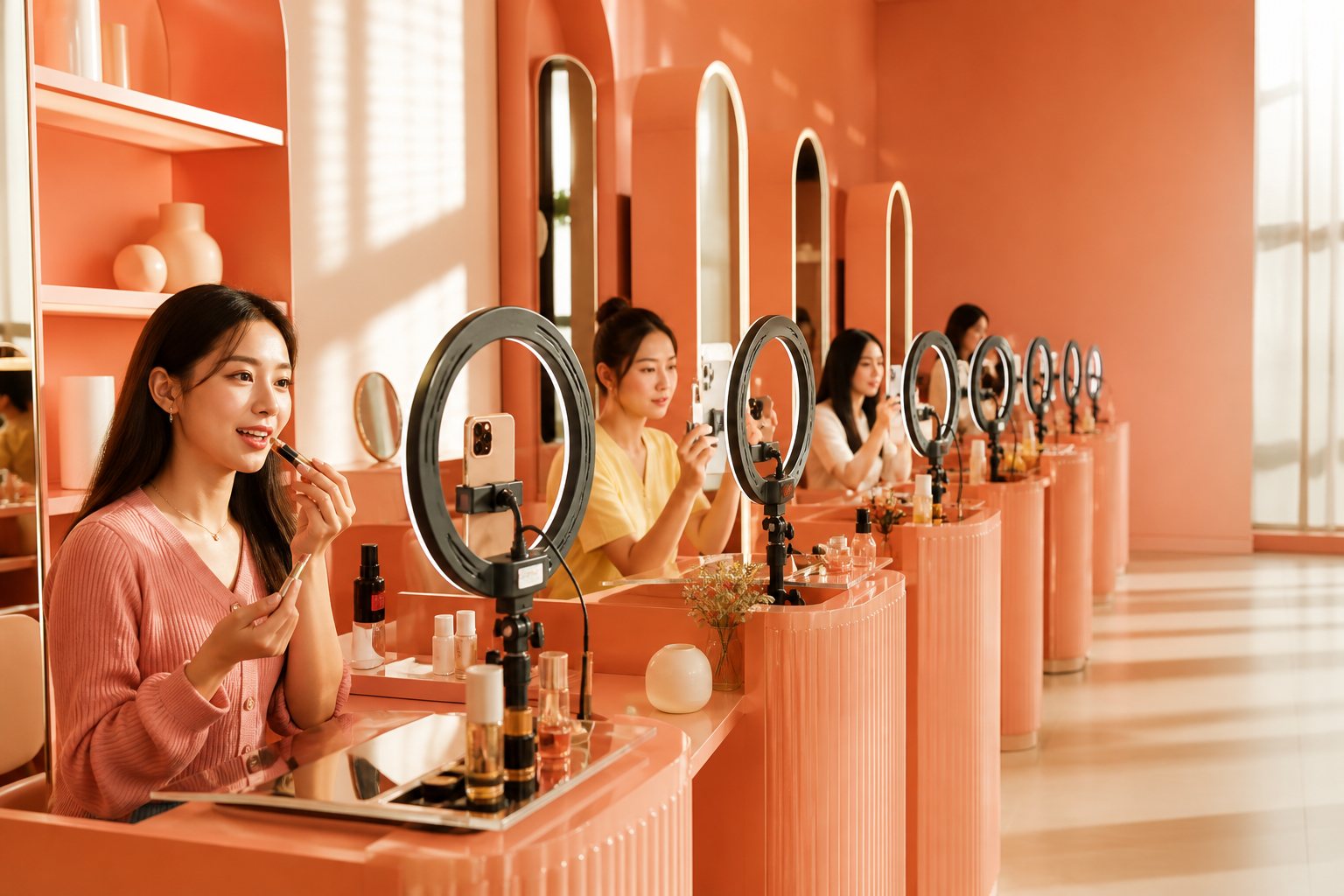A long row of ring-light phone rigs receding into a peach-toned room, several women filming