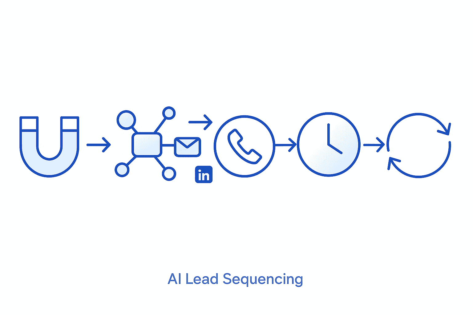 Five-stage flow diagram of AI lead capture, enrichment, multichannel outreach, timing, and optimization.