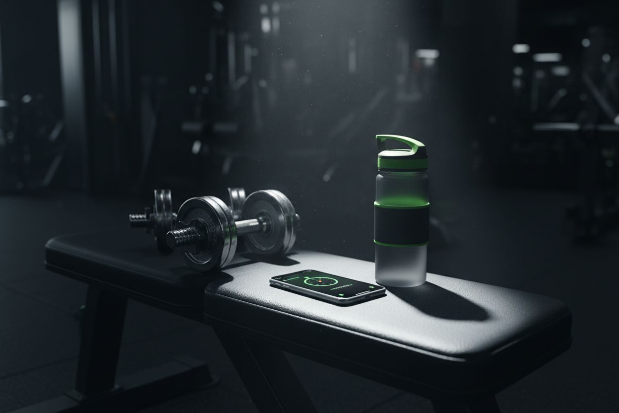 An iPhone on a gym bench next to dumbbells and a water bottle