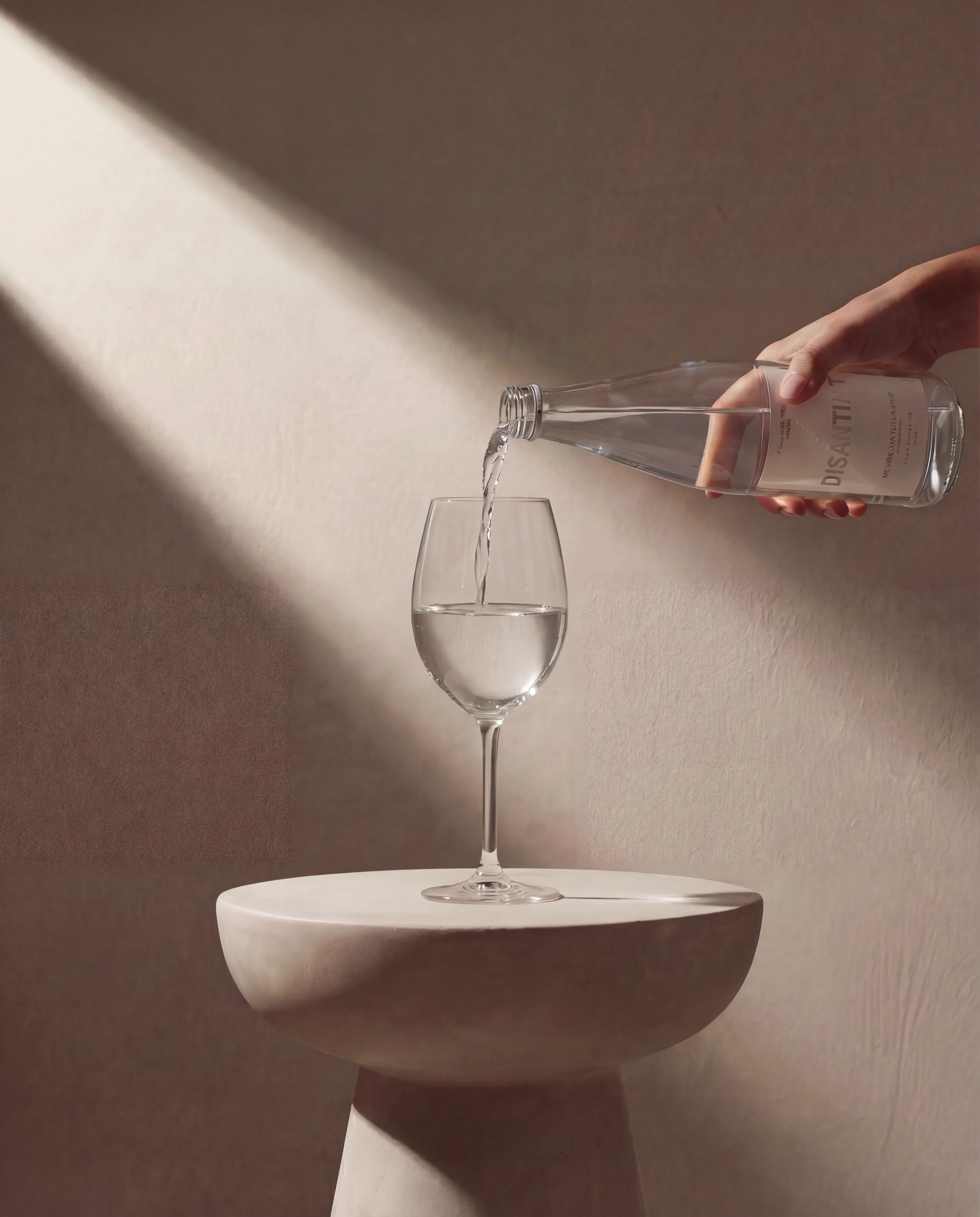A hand holding a glass bottle pours clear water into a stemmed glass resting on a sculpted beige pedestal. The scene is set against a textured neutral background with warm, diagonal shafts of light and shadow.