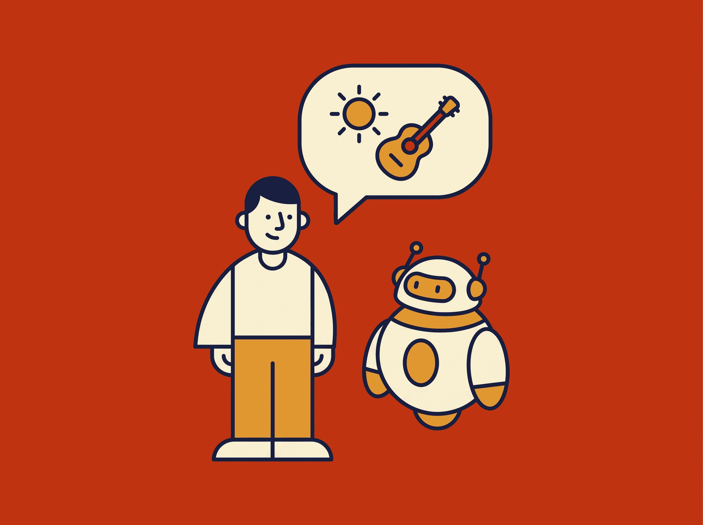 Flat illustration: a learner speaking with an AI tutor about spanish language topics