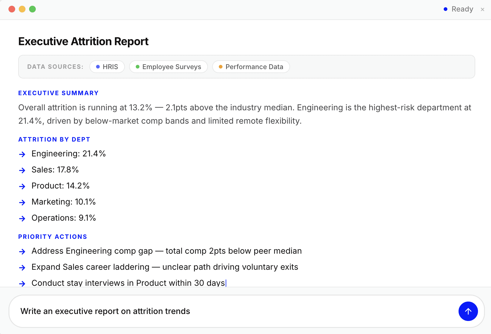 Surface-generated attrition report with root causes, department risks, and recommended actions
