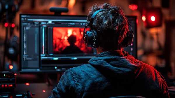 A video editor wearing headphones, working on a computer with a red-lit editing interface in a dimly lit room.