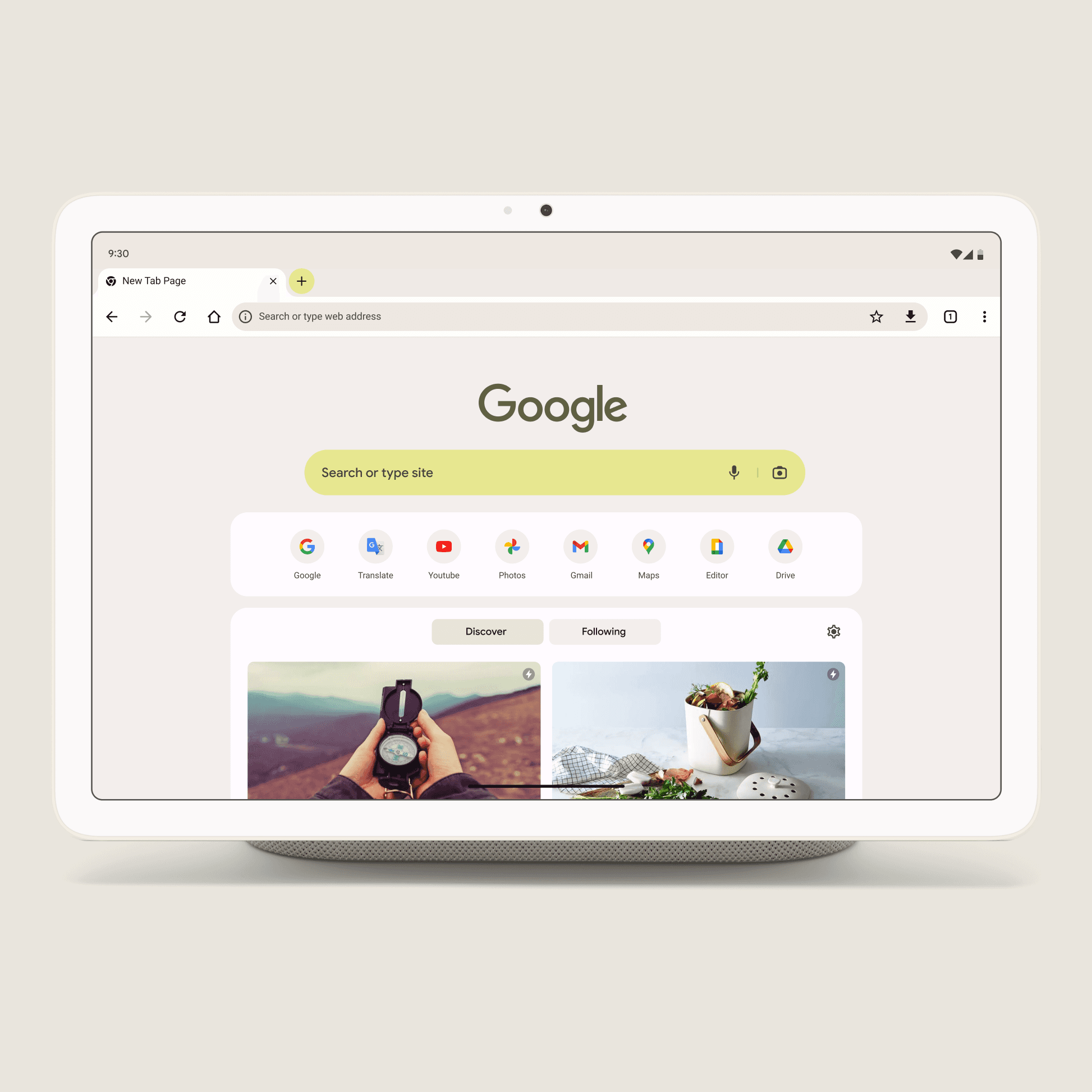 Chrome Home displayed on a Pixel Tablet on a dock