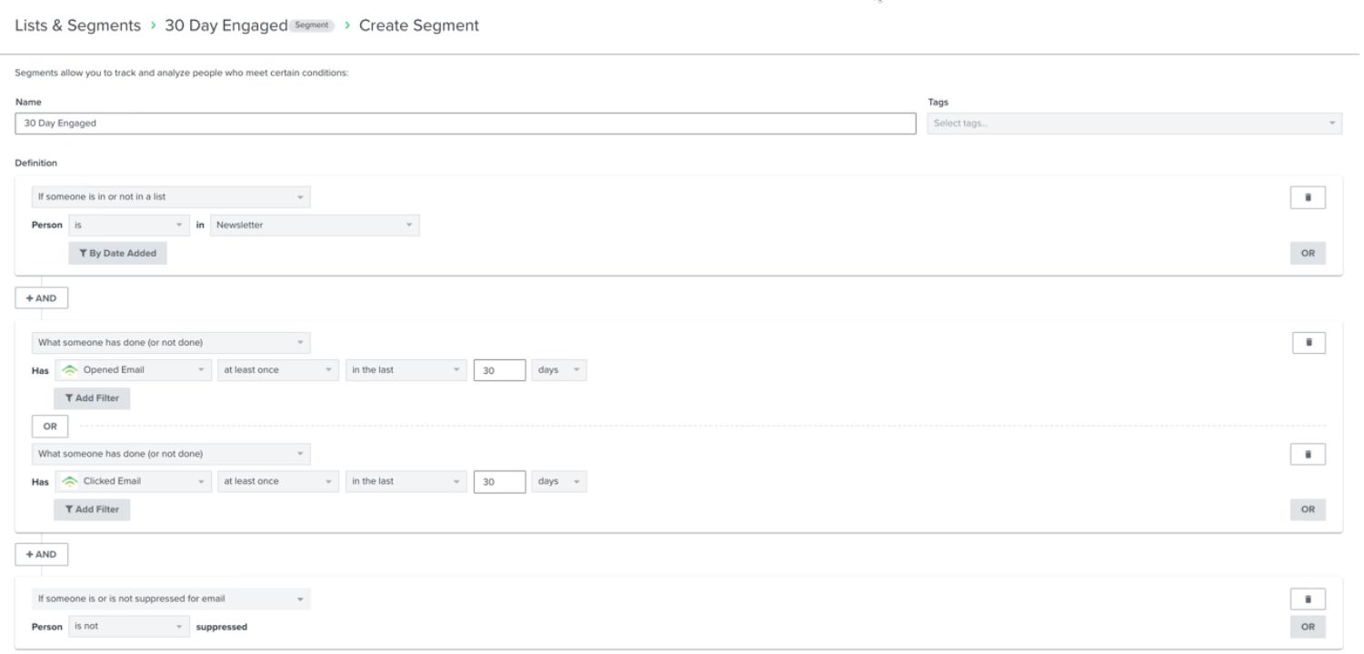 Engaged Segment in Klaviyo: A Klaviyo segment definition for "30 Day Engaged." Includes filters for being in a specific list, opening or clicking emails in the past 30 days, and not being suppressed for email.