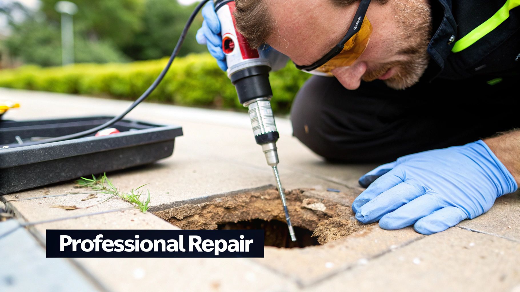 A professional technician wearing safety glasses and gloves uses a tool to repair a hole in the pavement.