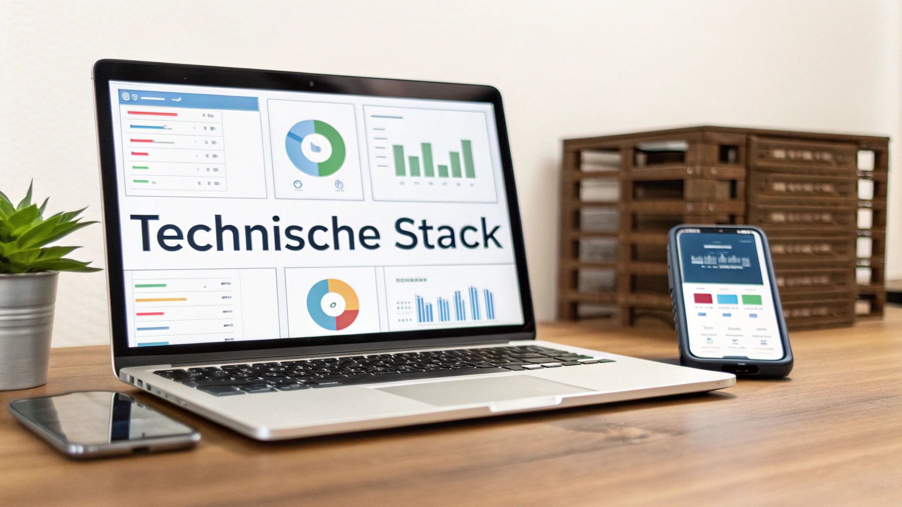 Een laptop met een technisch dashboard en de tekst 'Technische Stack', vergezeld van twee smartphones met grafieken op een houten bureau.